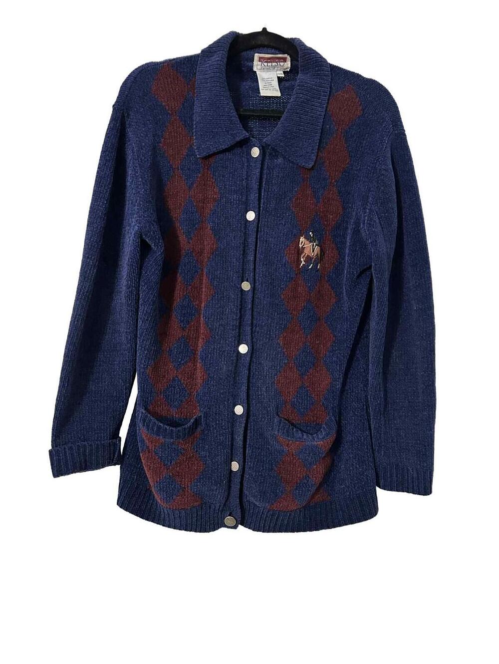 Kelso Equine Inspire Blue&Maroon Argyle Cardigan Embroidered Horse Womens Sz L